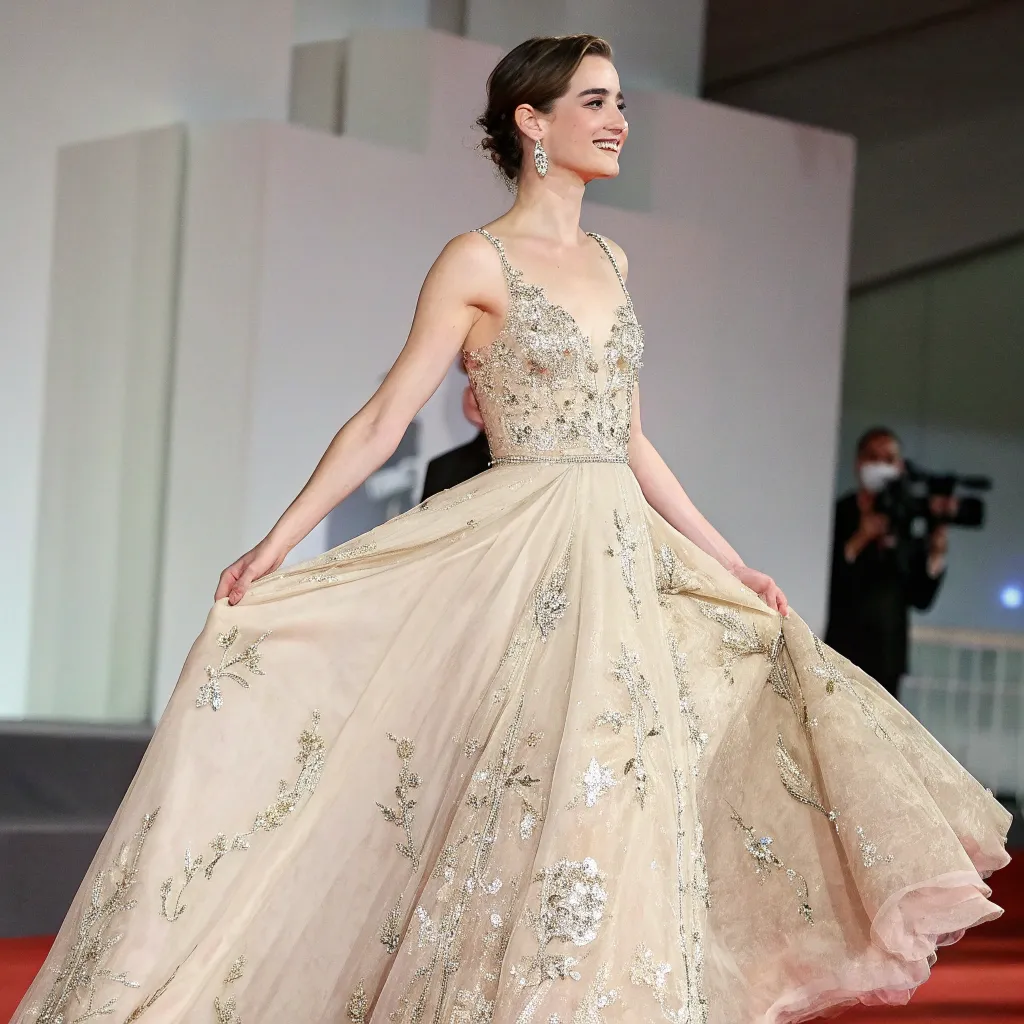 Emily in an elegant evening gown